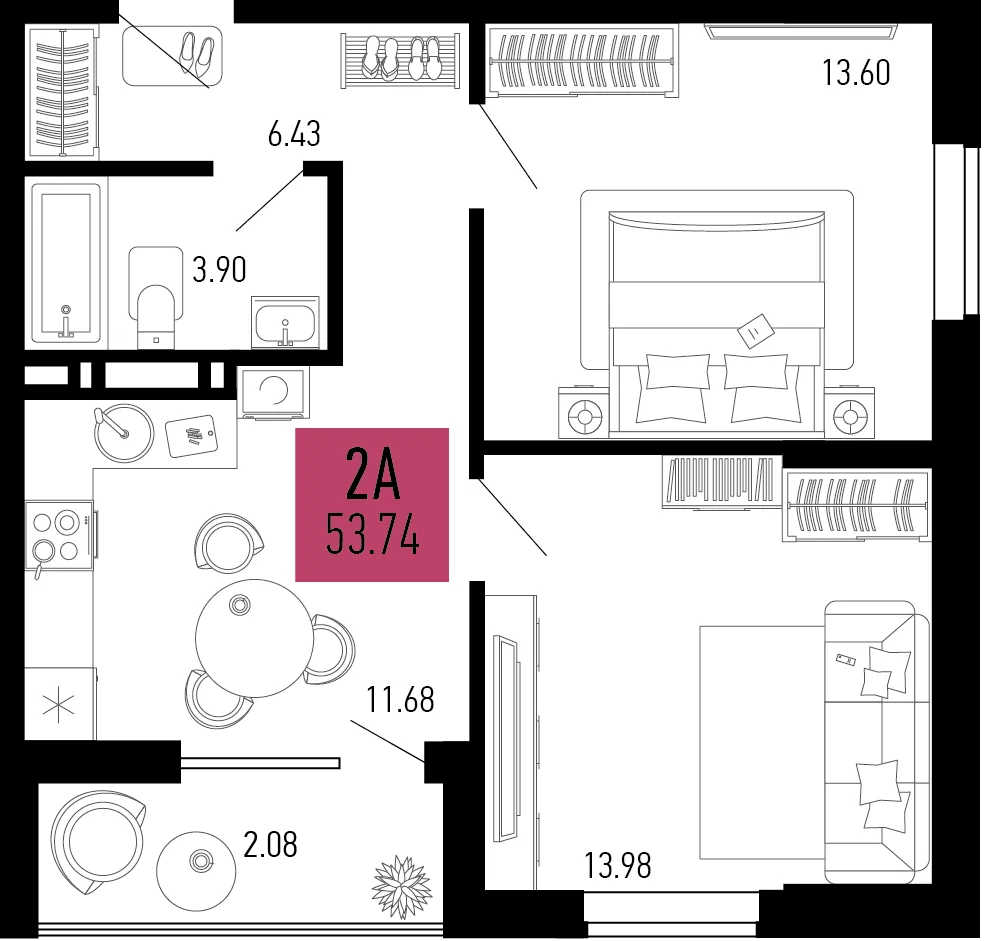 Планировка 2-комн. квартира, 53.74 м² ЖК «Столицыно»