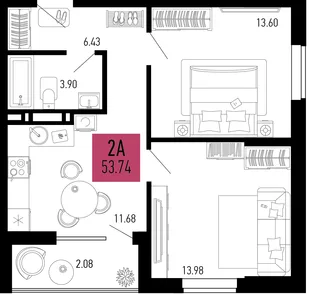 Планировка 2-комн. квартира, 53.74 м² ЖК «Столицыно»