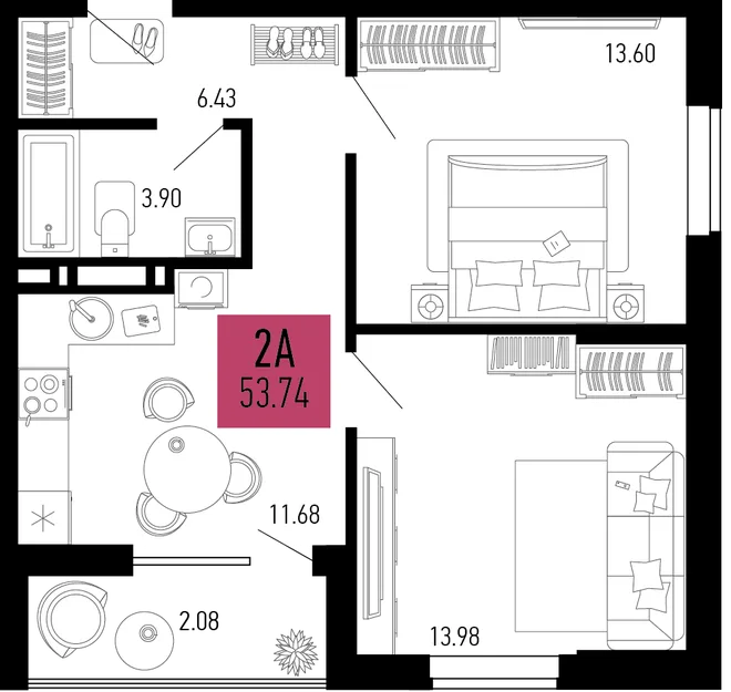 Планировка 2-комн. квартира, 53.74 м² ЖК «Столицыно» Планировка 2-комн. квартира, 53.74 м² ЖК «Столицыно»