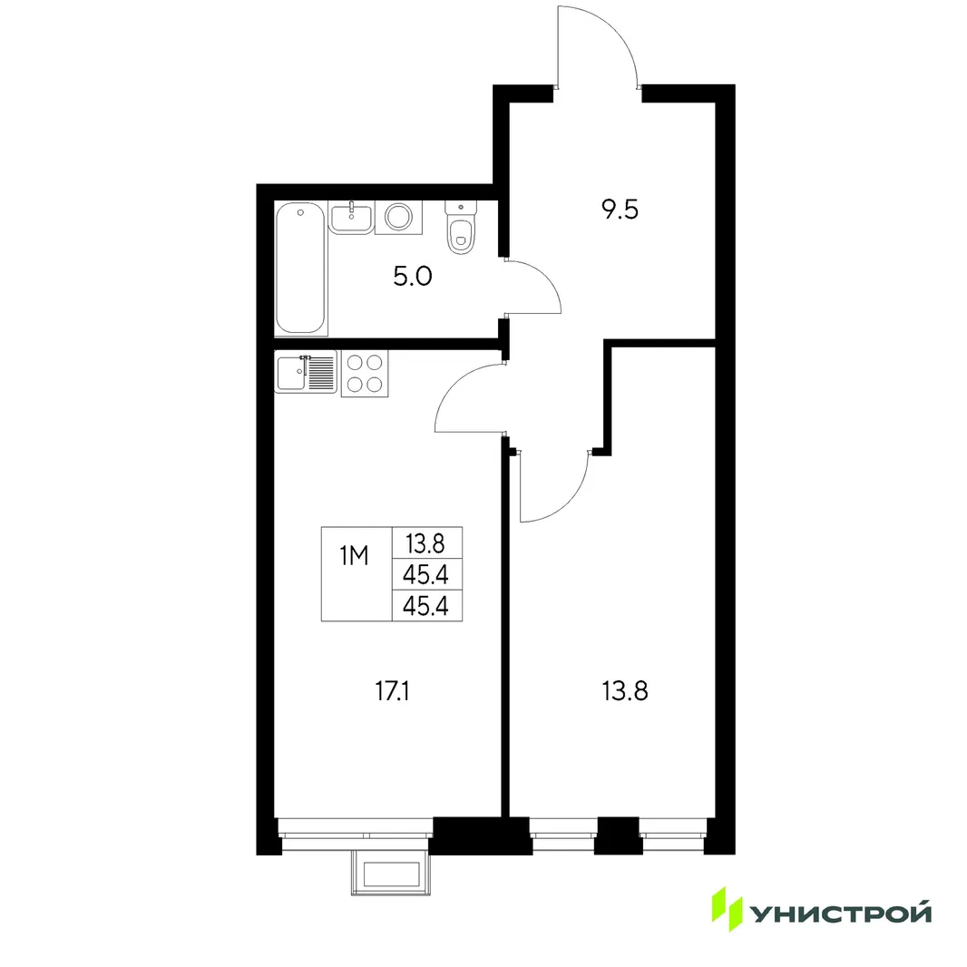 Планировка 1-комн. квартира, 45.4 м² ЖК «Стадиум»
