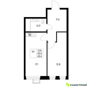 Планировка 1-комн. квартира, 45.4 м² ЖК «Стадиум»