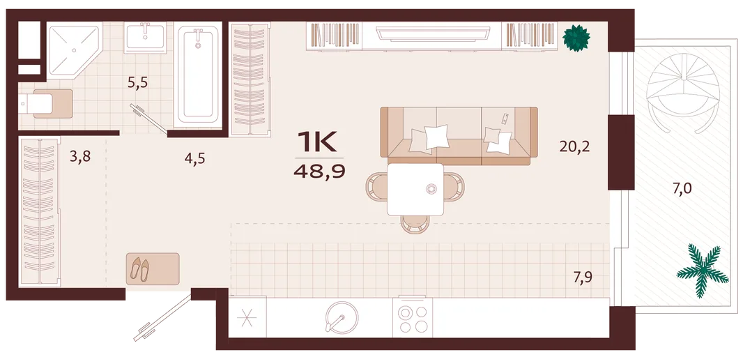 Планировка 1-комн. квартира, 48.9 м² ЖК «Роялта»