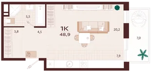 Планировка 1-комн. квартира, 48.9 м² ЖК «Роялта»