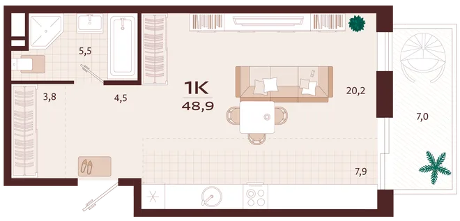 Планировка 1-комн. квартира, 48.9 м² ЖК «Роялта» Планировка 1-комн. квартира, 48.9 м² ЖК «Роялта»