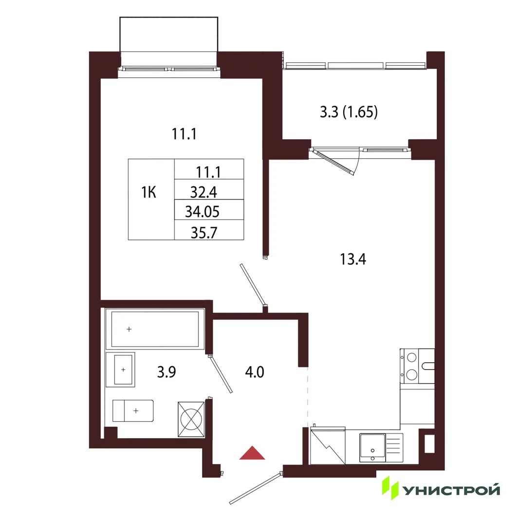 Планировка 1-комн. квартира, 34.05 м² ЖК «Лисино»