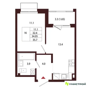 Планировка 1-комн. квартира, 34.05 м² ЖК «Лисино»
