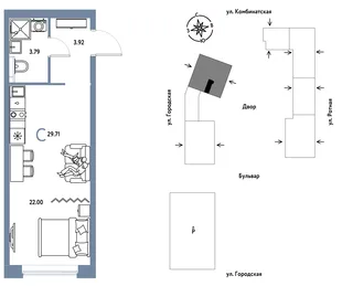Планировка Студия, 29.71 м² ЖК «Уральский сад»