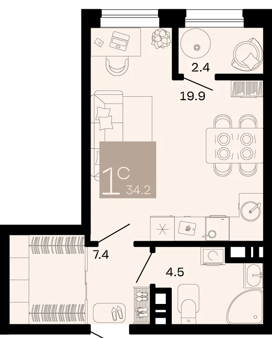 Планировка Студия, 34.2 м² ЖК «Хозяин морей»