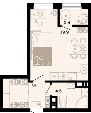 Планировка Студия, 34.2 м² ЖК «Хозяин морей»