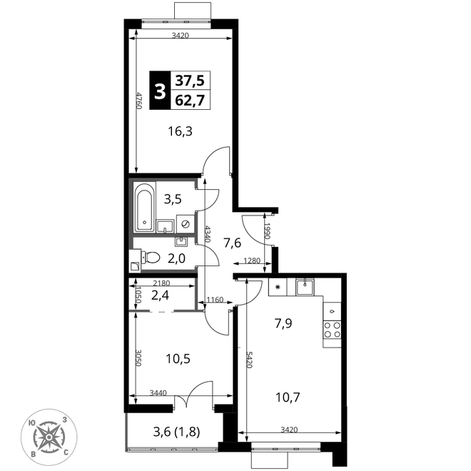 Планировка 3-комн. квартира, 62.7 м² ЖК «1-й Шереметьевский» Планировка 3-комн. квартира, 62.7 м² ЖК «1-й Шереметьевский»