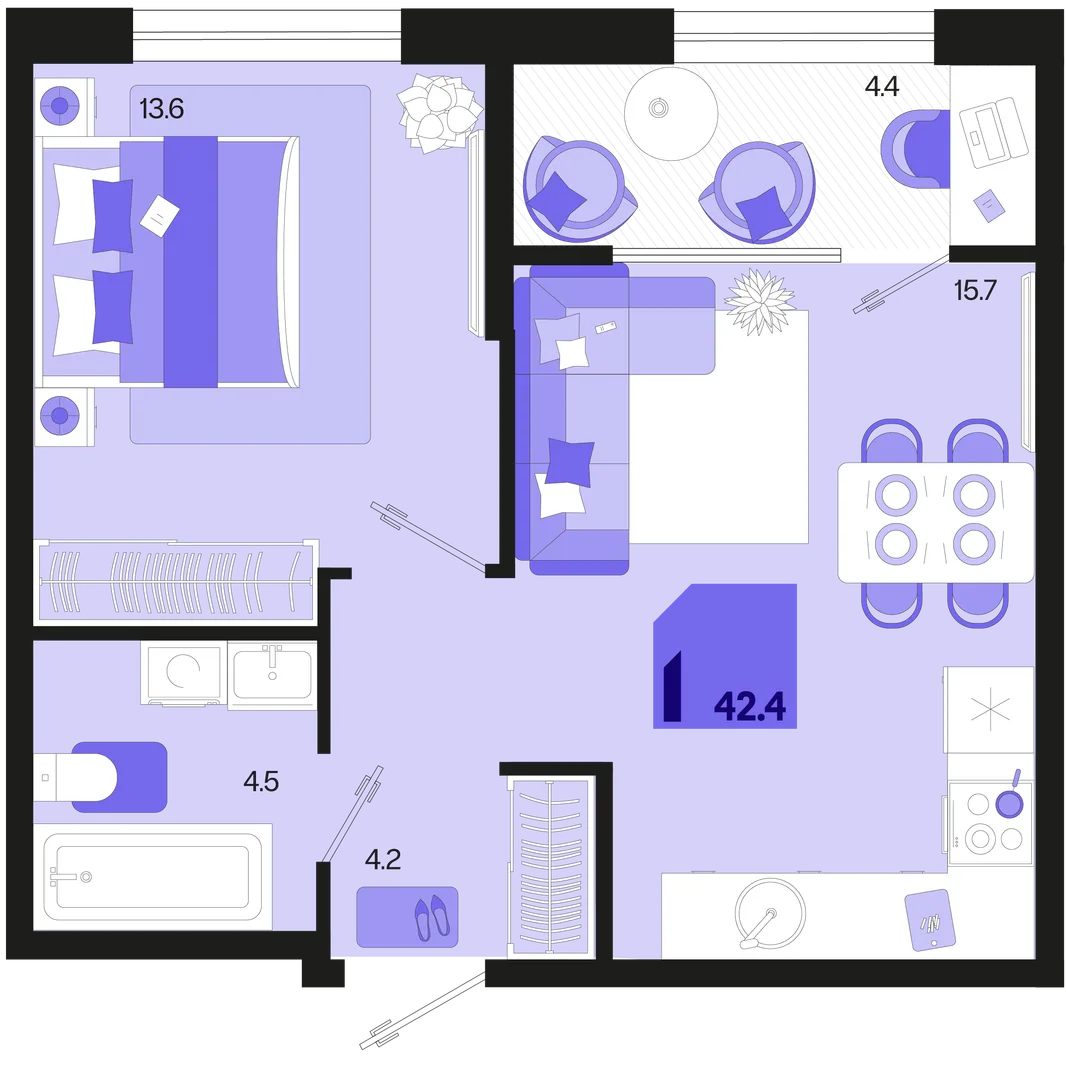 Планировка 1-комн. квартира, 42.4 м² ЖК «Первое место»