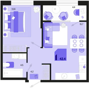 Планировка 1-комн. квартира, 42.4 м² ЖК «Первое место»