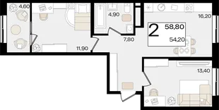 Планировка 2-комн. квартира, 58.8 м² ЖК «Патрики»