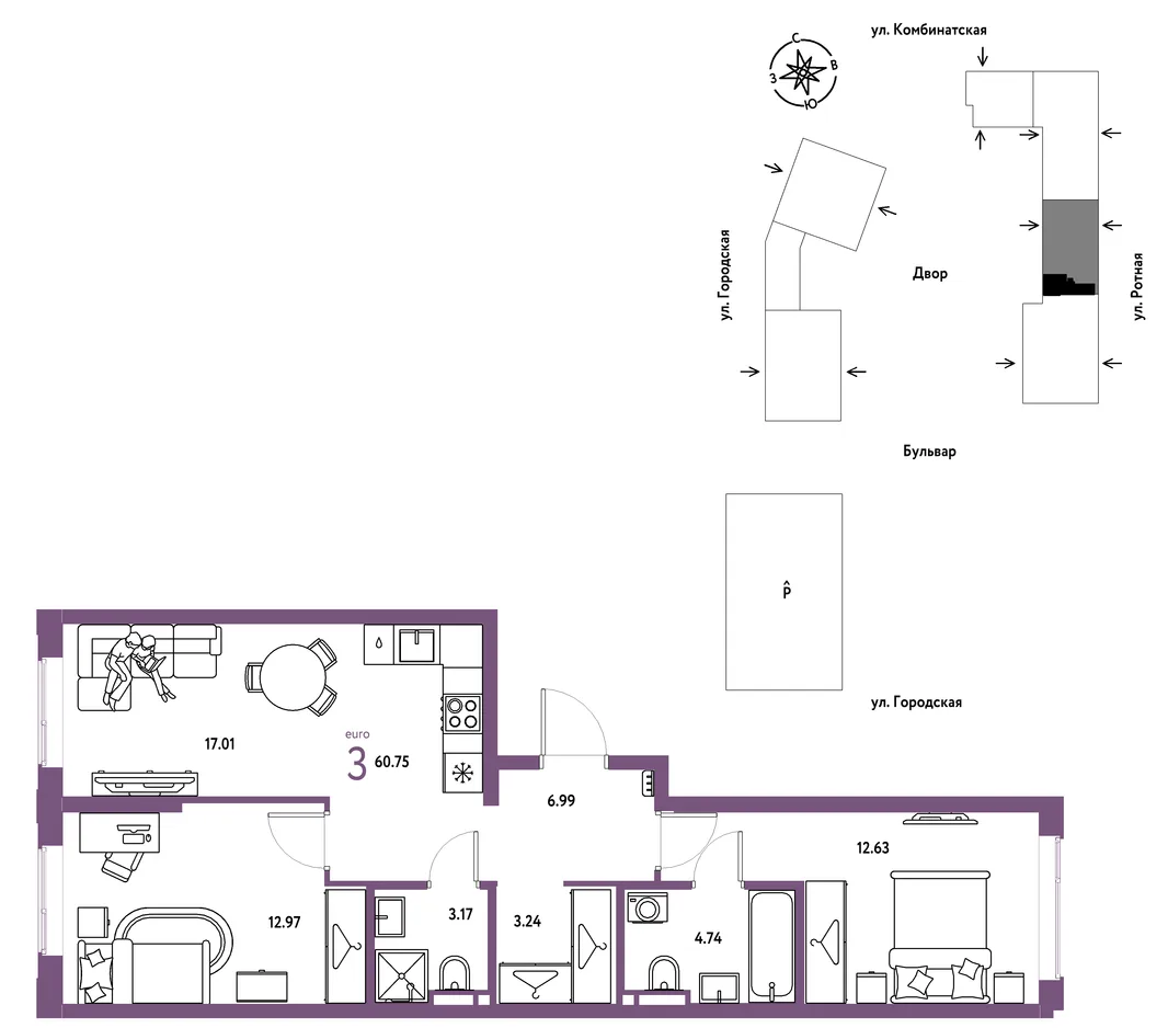 Планировка 3-комн. квартира, 60.75 м² ЖК «Уральский сад»