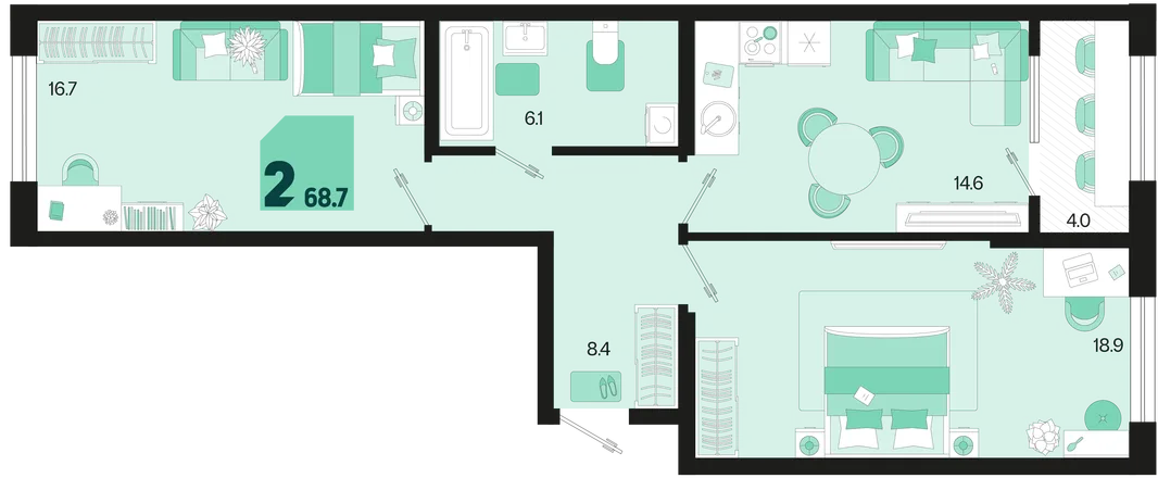Планировка 2-комн. квартира, 68.7 м² ЖК «Первое место»
