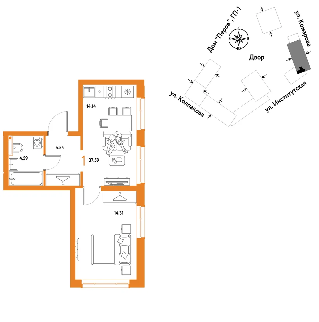 Планировка 1-комн. квартира, 37.59 м² ЖК «Страна.Парковая»