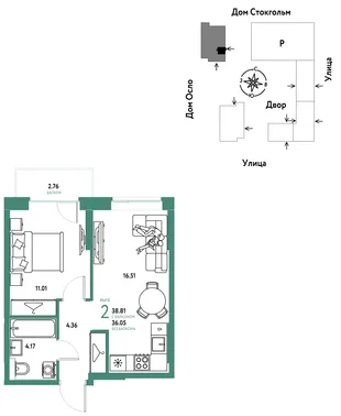 Планировка 2-комн. квартира, 38.81 м² ЖК «Европейский берег 2.0»