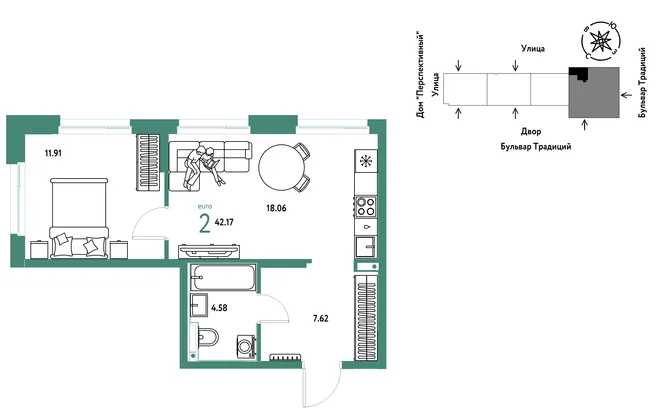 Планировка 2-комн. квартира, 42.17 м² ЖК «Микрорайон Домашний»