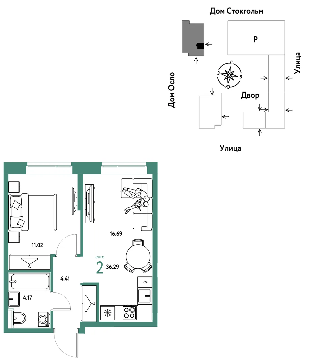 Планировка 2-комн. квартира, 36.29 м² ЖК «Европейский берег 2.0»