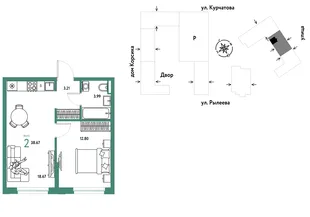 Планировка 2-комн. квартира, 38.85 м² ЖК «Остров-сад»