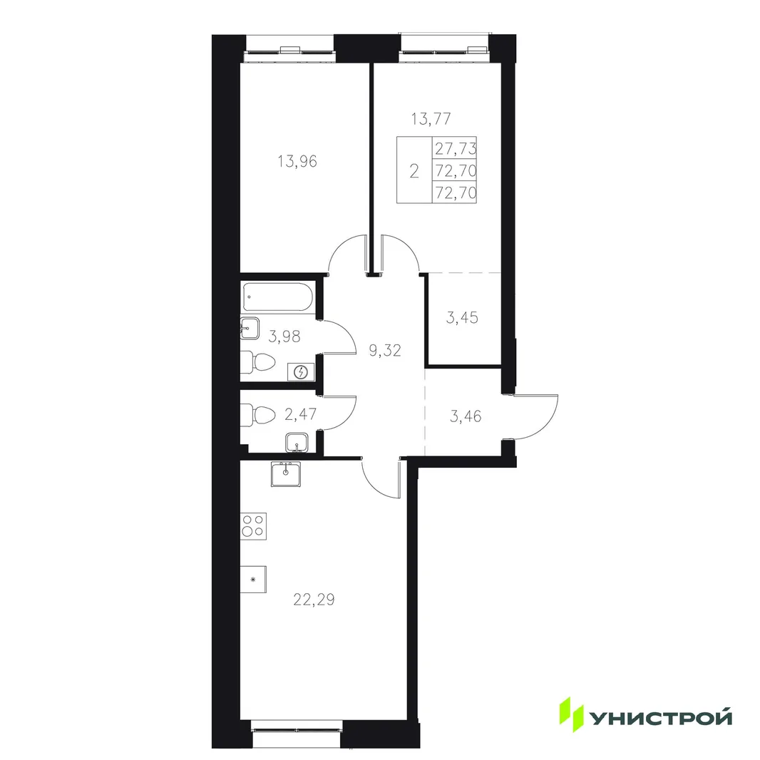 Планировка 2-комн. квартира, 72.7 м² ЖК «Statum»