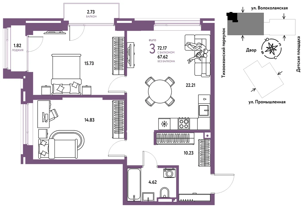 Планировка 3-комн. квартира, 72.17 м² ЖК «Страна Прибрежная»