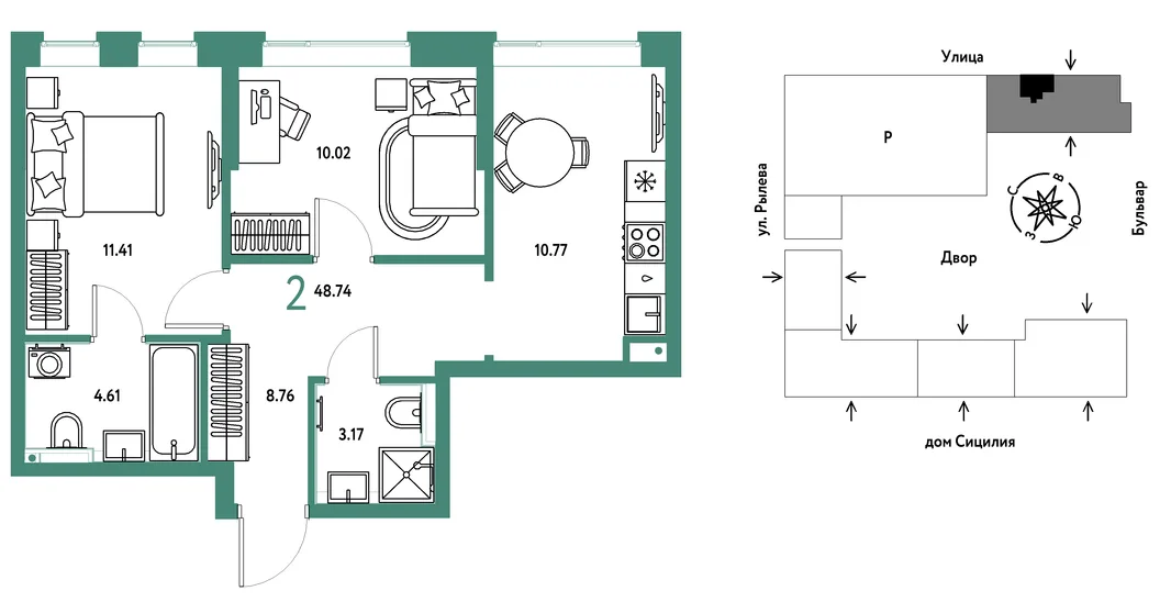 Планировка 2-комн. квартира, 48.74 м² ЖК «Остров-сад»