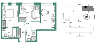 Планировка 2-комн. квартира, 48.74 м² ЖК «Остров-сад»