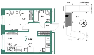 Планировка 2-комн. квартира, 36.94 м² ЖК «Микрорайон Домашний»