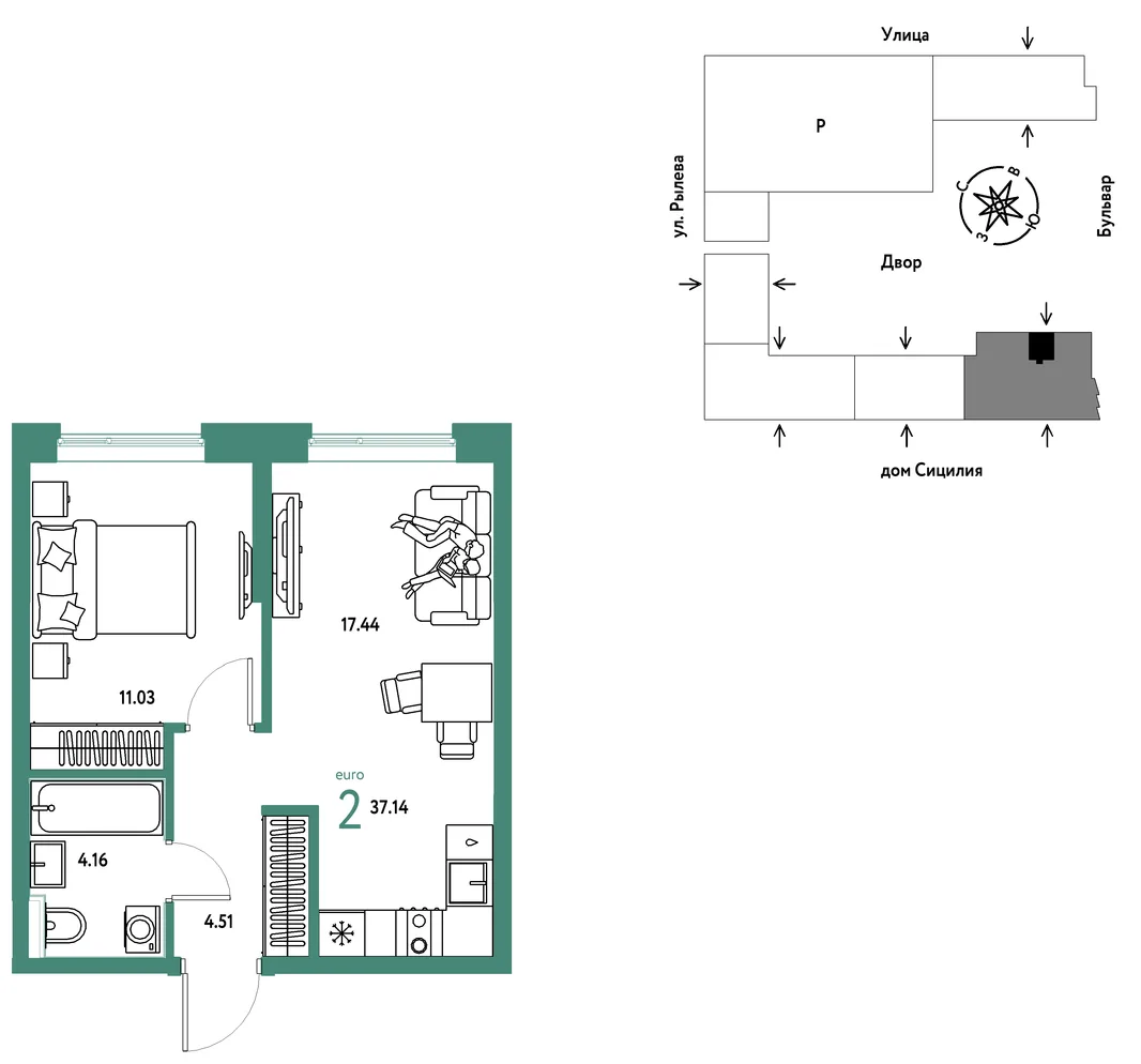 Планировка 2-комн. квартира, 37.14 м² ЖК «Остров-сад»