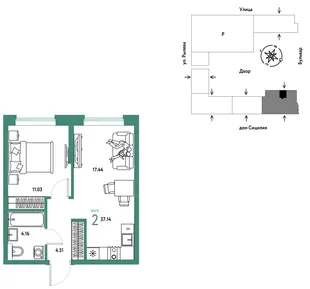 Планировка 2-комн. квартира, 37.14 м² ЖК «Остров-сад»