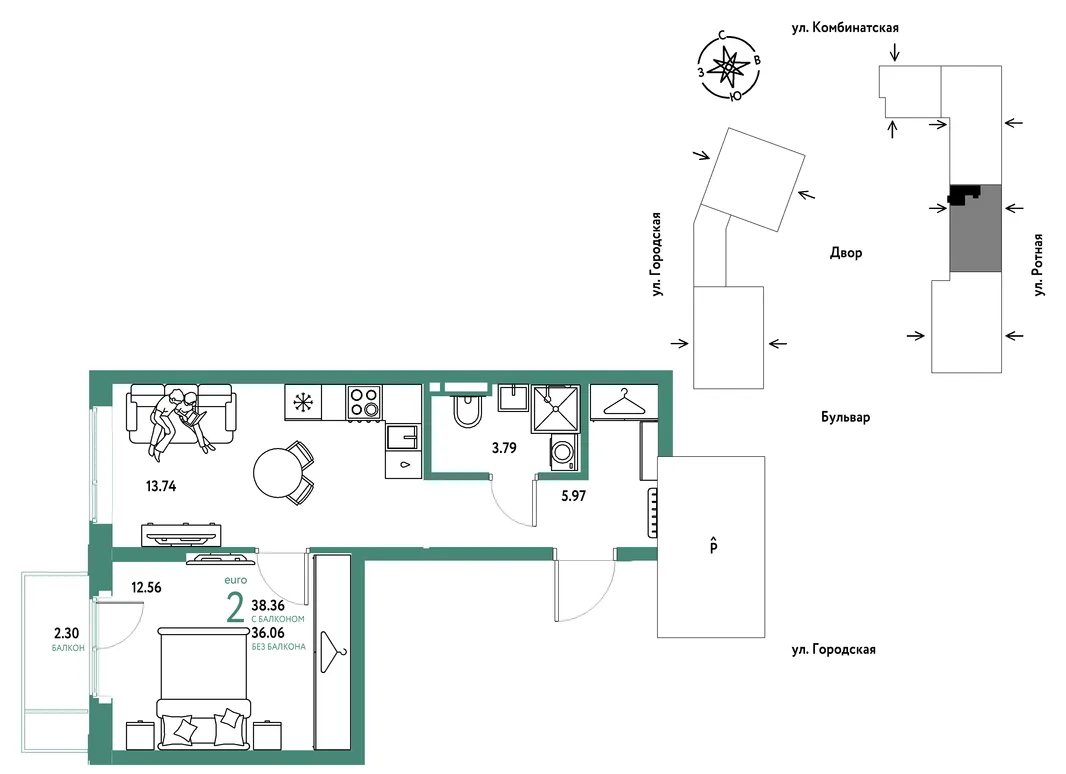 Планировка 2-комн. квартира, 38.36 м² ЖК «Уральский сад»