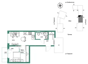 Планировка 2-комн. квартира, 38.36 м² ЖК «Уральский сад»