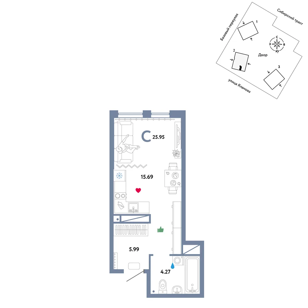 Планировка Студия, 25.95 м² ЖК «Сибирский сад»