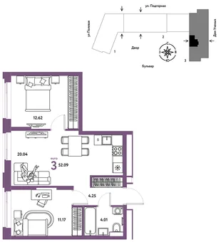 Планировка 3-комн. квартира, 52.18 м² ЖК «Авторский»
