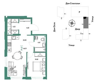 Планировка 2-комн. квартира, 46.31 м² ЖК «Европейский берег 2.0»