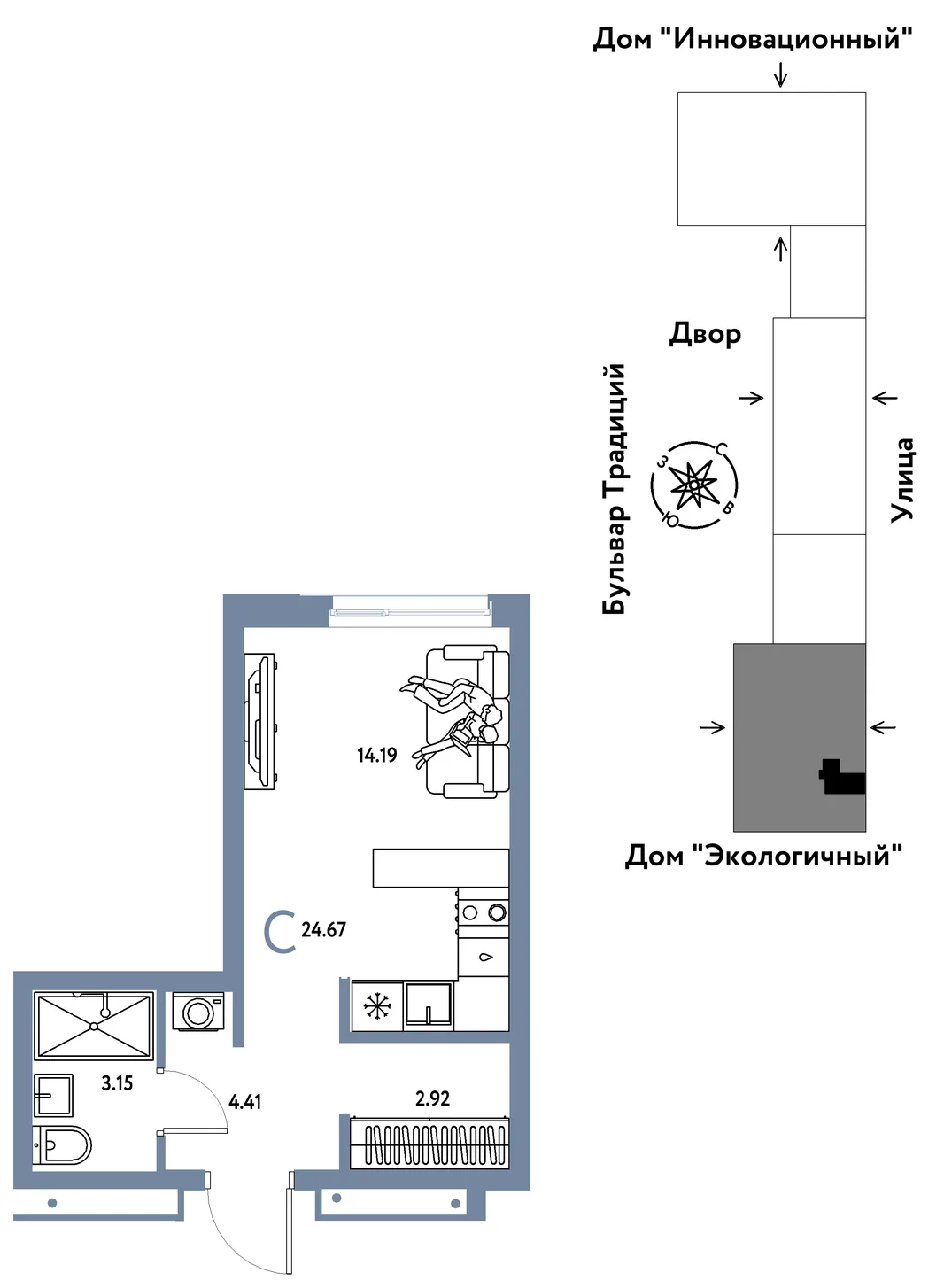 Планировка Студия, 24.67 м² ЖК «Микрорайон Домашний»