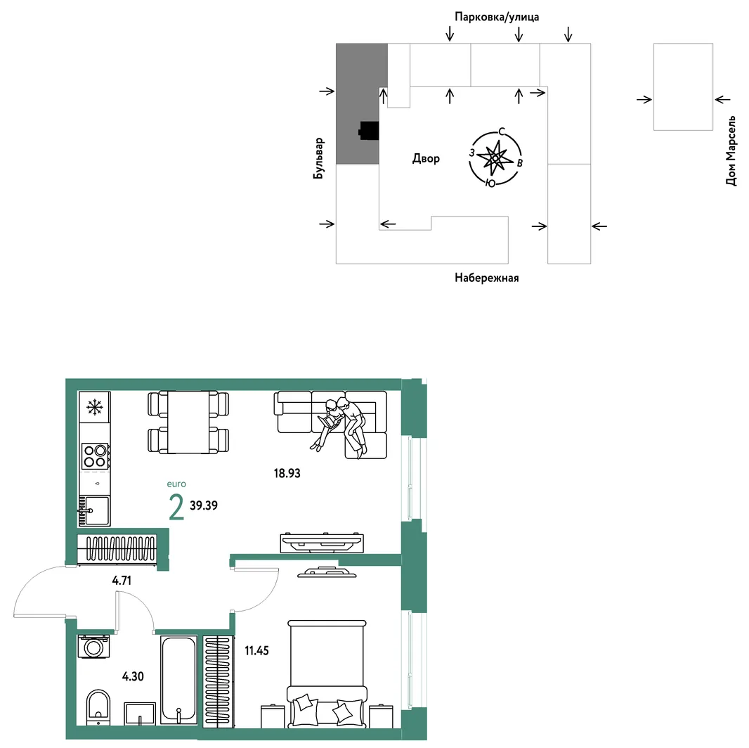Планировка 2-комн. квартира, 39.39 м² ЖК «Европейский берег 2.0»