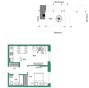 Планировка 2-комн. квартира, 39.39 м² ЖК «Европейский берег 2.0»