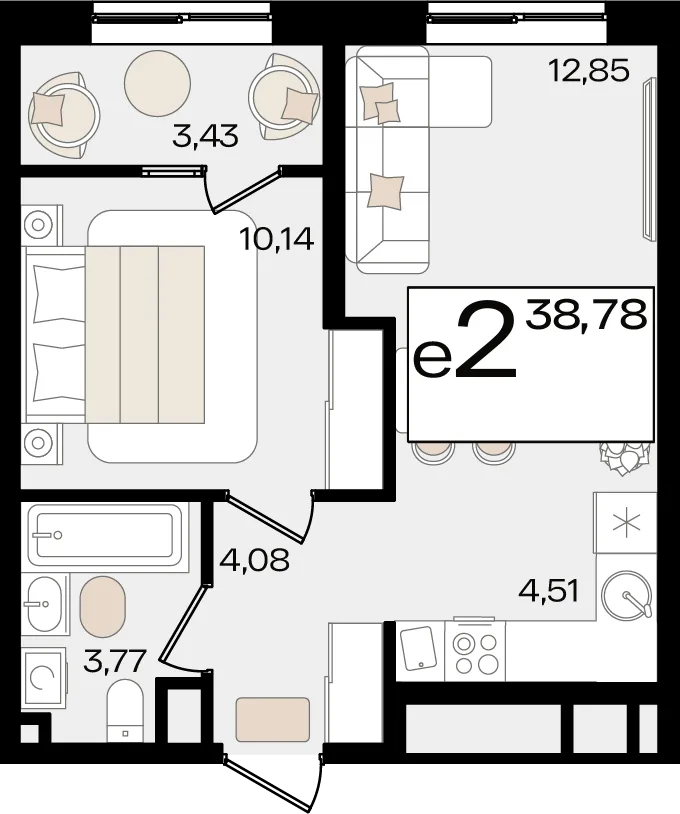 Планировка 2-комн. квартира, 38.78 м² ЖК «Патрики»