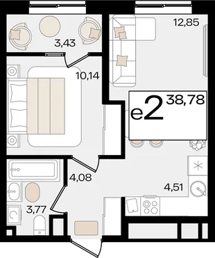 Планировка 2-комн. квартира, 38.78 м² ЖК «Патрики»