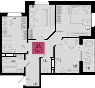 Планировка 3-комн. квартира, 64.24 м² ЖК «Столицыно»