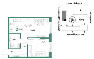 Планировка 2-комн. квартира, 38.64 м² ЖК «Остров-сад»