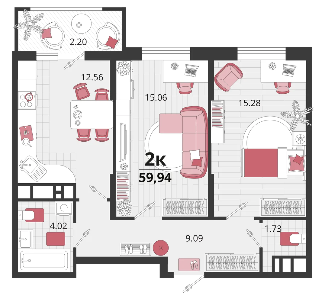 Планировка 2-комн. квартира, 60.65 м² ЖК «Родные просторы»