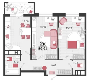 Планировка 2-комн. квартира, 60.65 м² ЖК «Родные просторы»