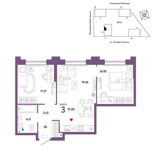 Планировка 3-комн. квартира, 51.02 м² ЖК «Микрорайон Звездный»