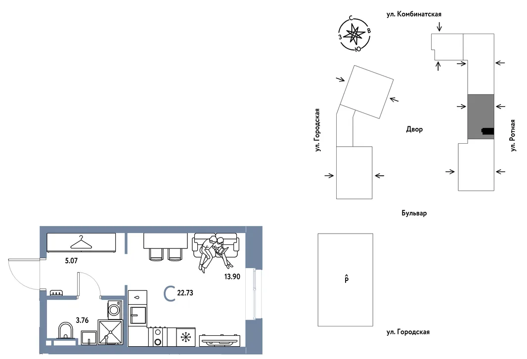 Планировка Студия, 22.73 м² ЖК «Уральский сад»