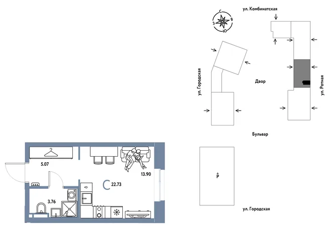 Планировка Студия, 22.73 м² ЖК «Уральский сад»
