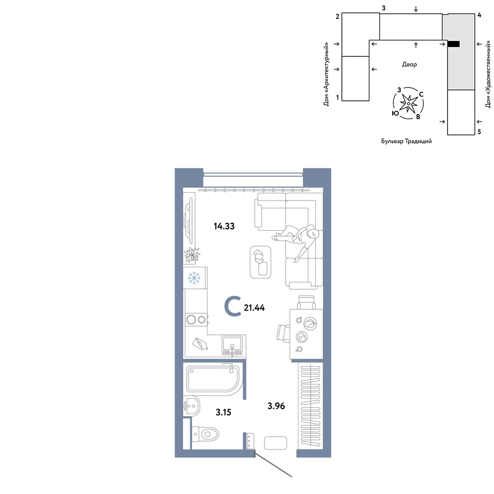 Планировка Студия, 21.44 м² ЖК «Микрорайон Домашний»