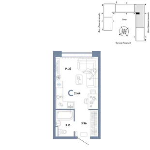 Планировка Студия, 21.44 м² ЖК «Микрорайон Домашний»